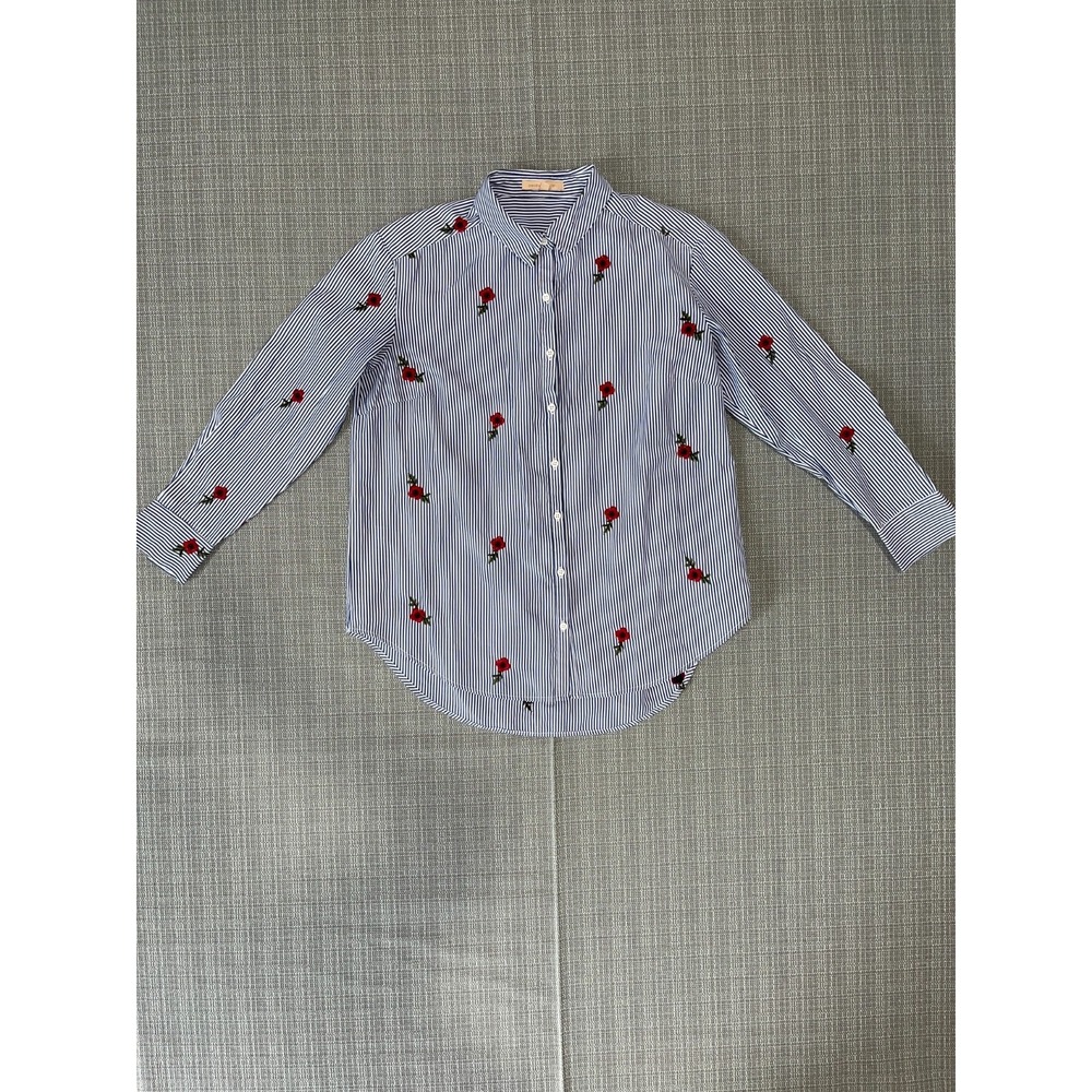 Gibson Latimer Shirt Women Small Blue White Striped Embroidered Floral Button Up